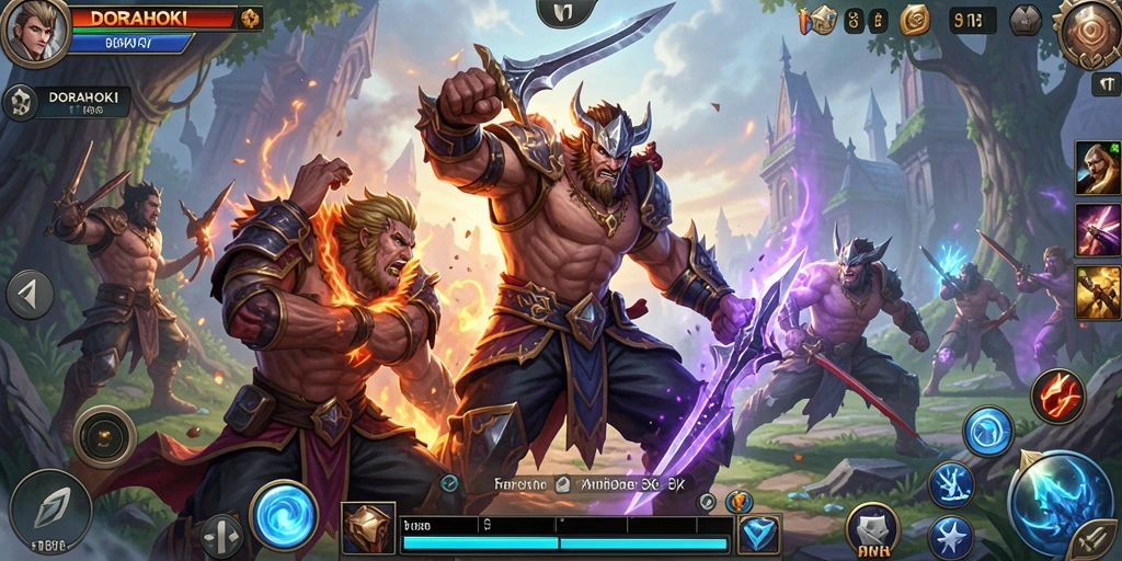 Screenshot gameplay DORAHOKI menampilkan pertarungan seru dan karakter yang menawan.