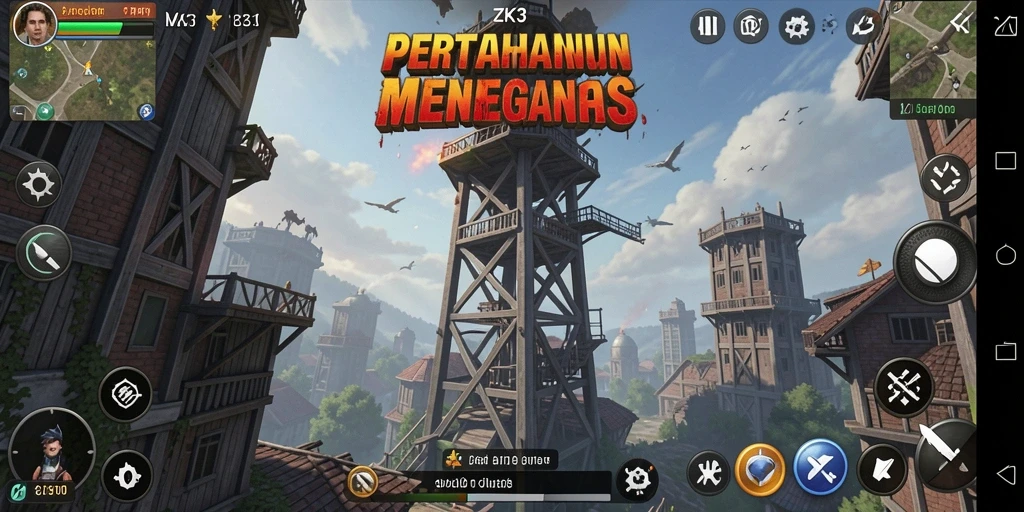 Screenshot gameplay ZK3 yang menampilkan pertahanan menara yang strategis.